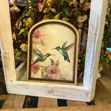 Hummingbirds with pink flowers Canvas Print in Arched Frame