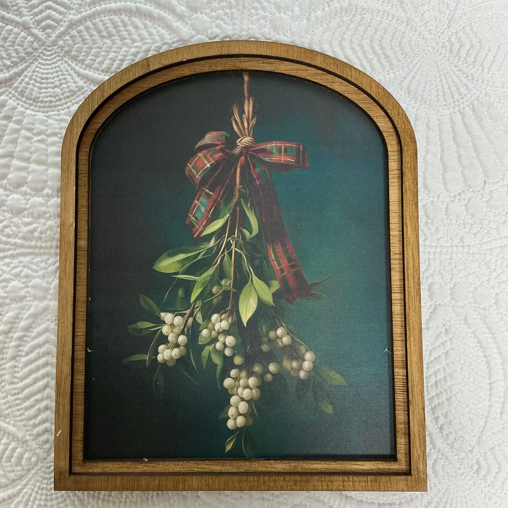 Mistletoe with Red Plaid Tartan Ribbon in Small Arch Frame