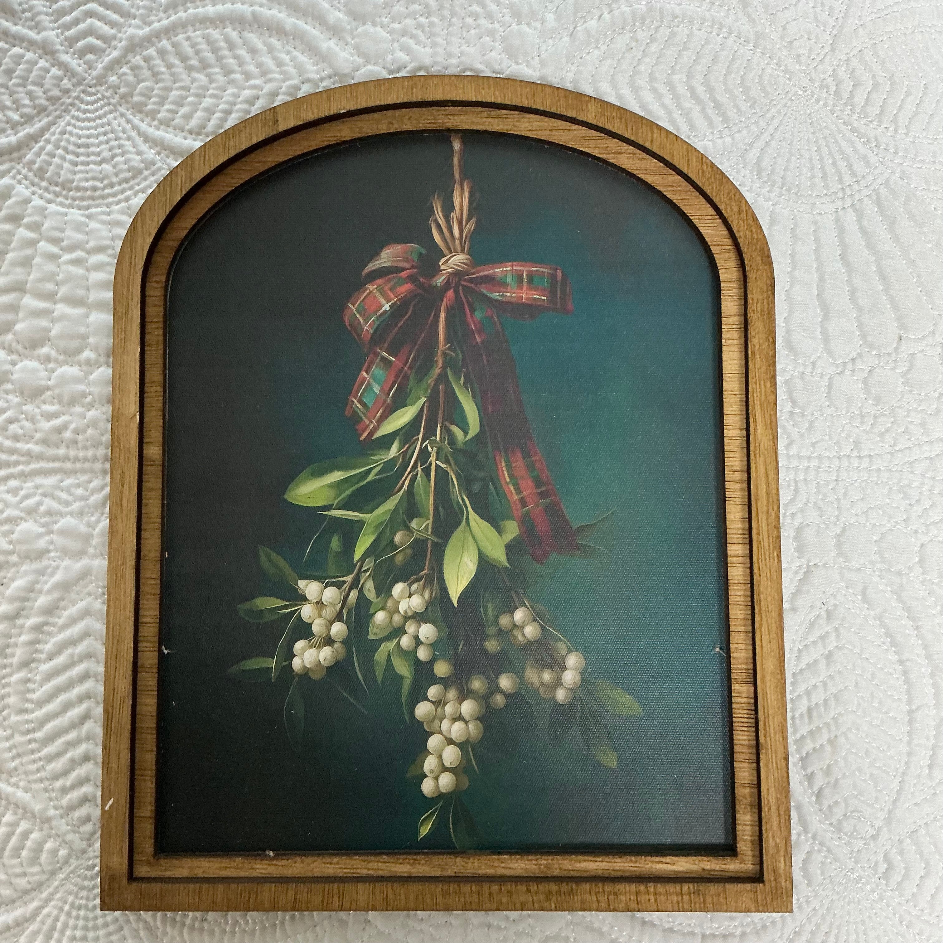 Mistletoe with Red Plaid Tartan Ribbon in Small Arch Frame
