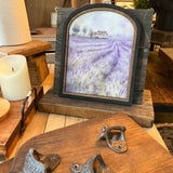 Lavender meadow with farmhouse Canvas Print in Arched Frame