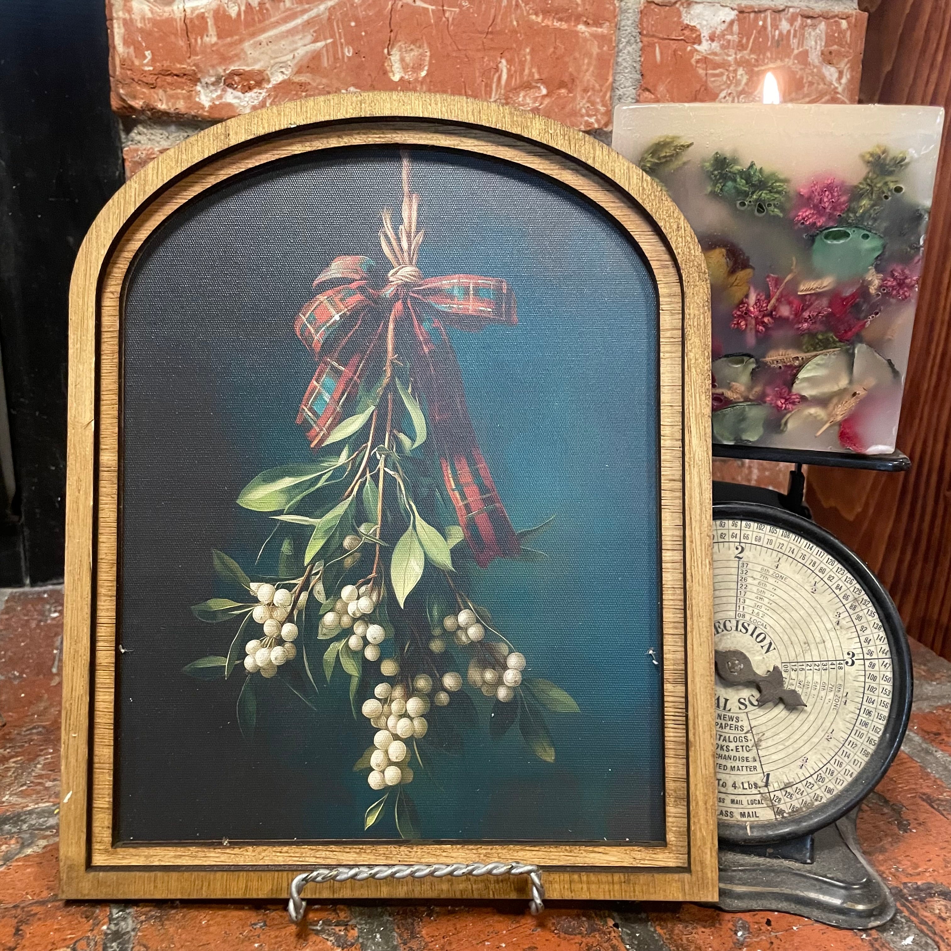 Mistletoe with Red Plaid Tartan Ribbon in Small Arch Frame