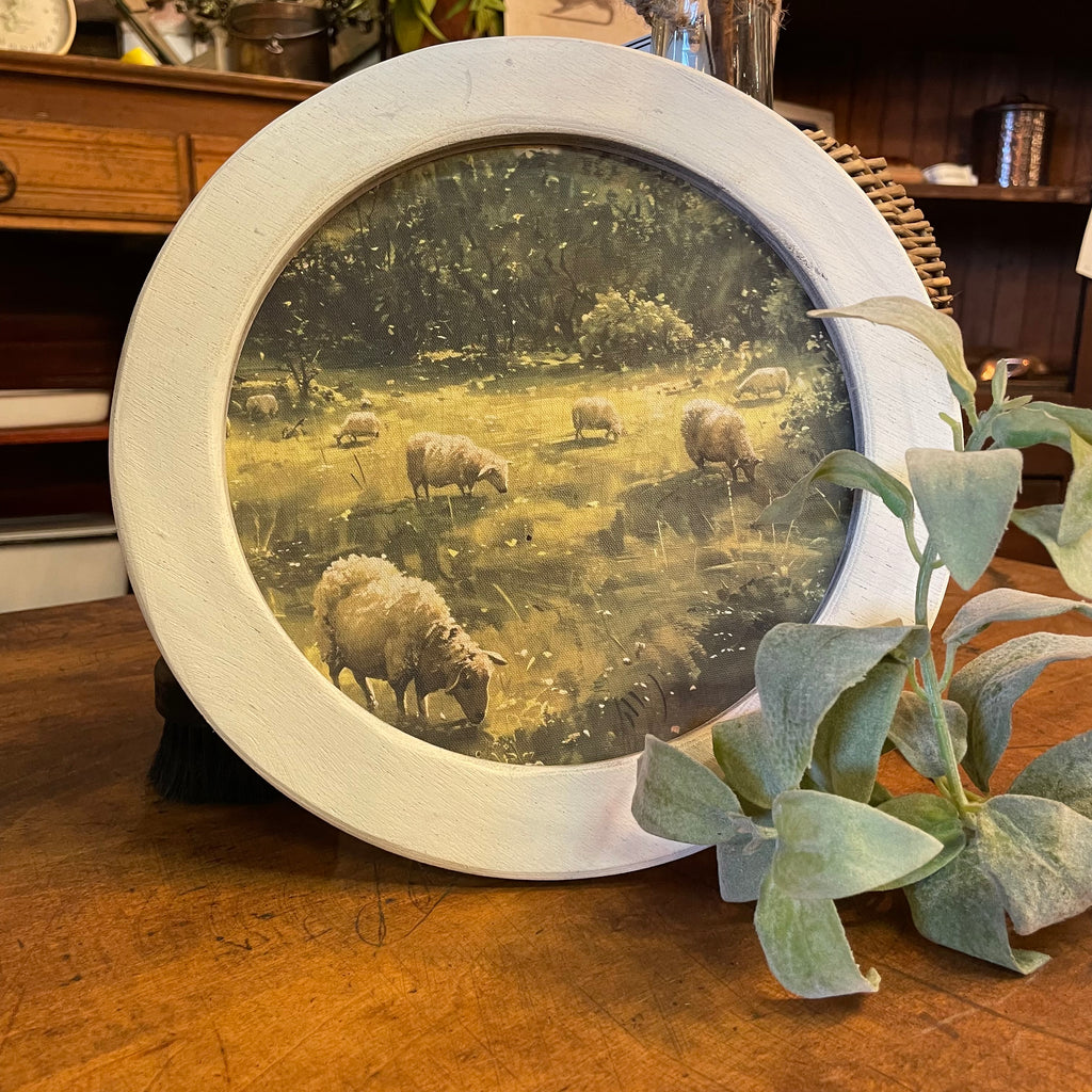 Round Pastoral Lambs Canvas Print in 10" Frame