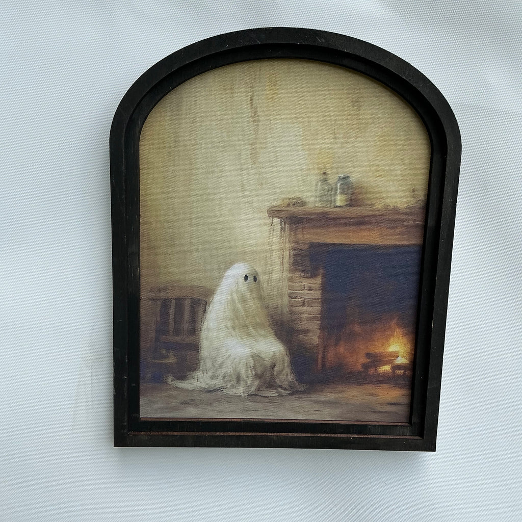 Ghost by the Fireplace Canvas Print in Small Arch Frame