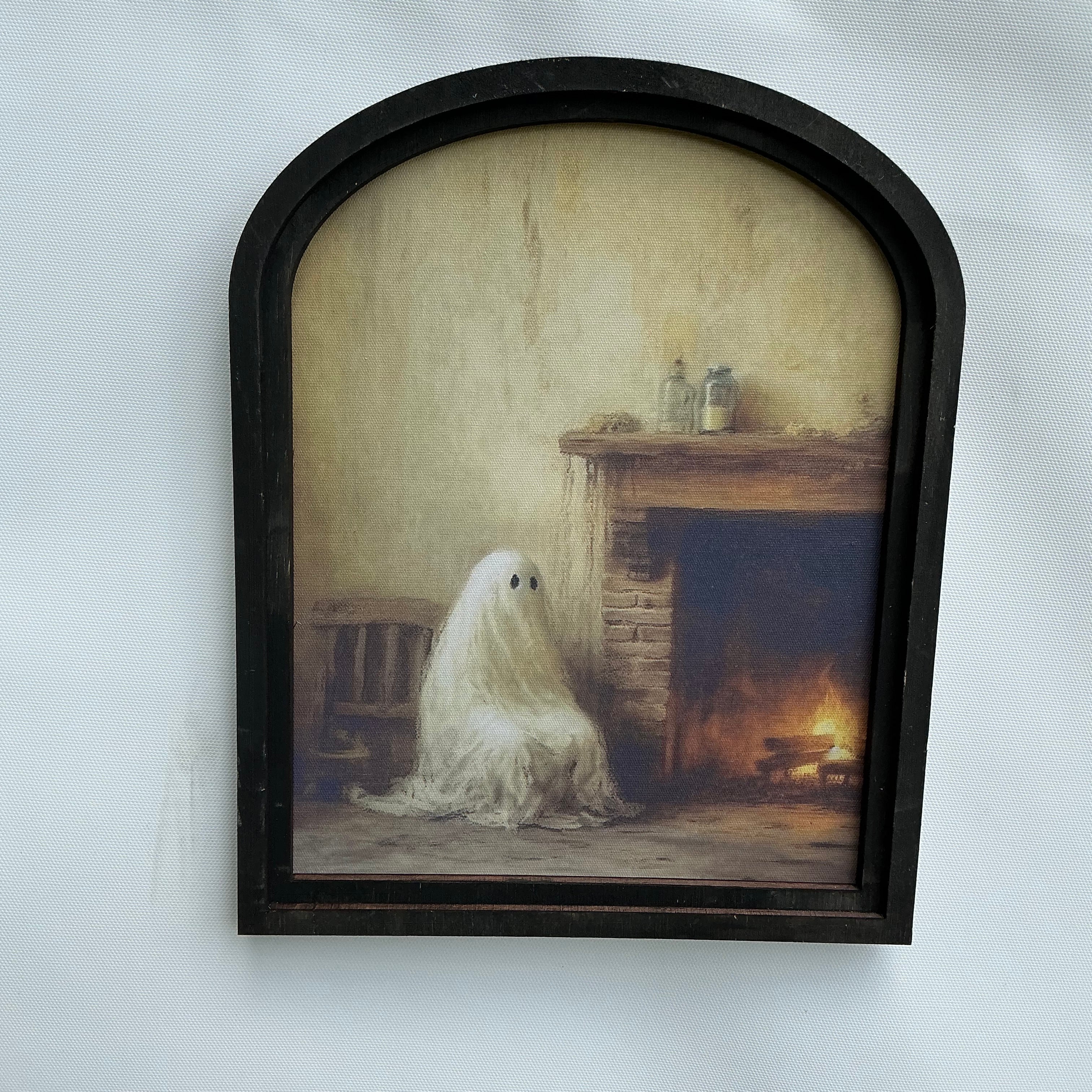 Ghost by the Fireplace Canvas Print in Small Arch Frame