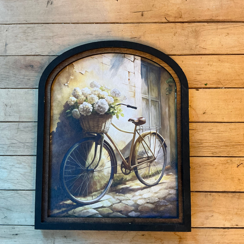 Vintage bicycle with Basket of hydrangea in Arched Frame