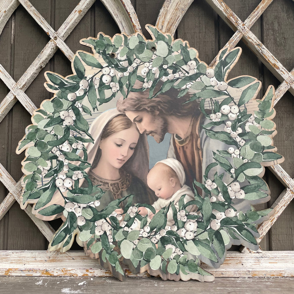 Holy Family encircled in Green Leaves Door Hanger