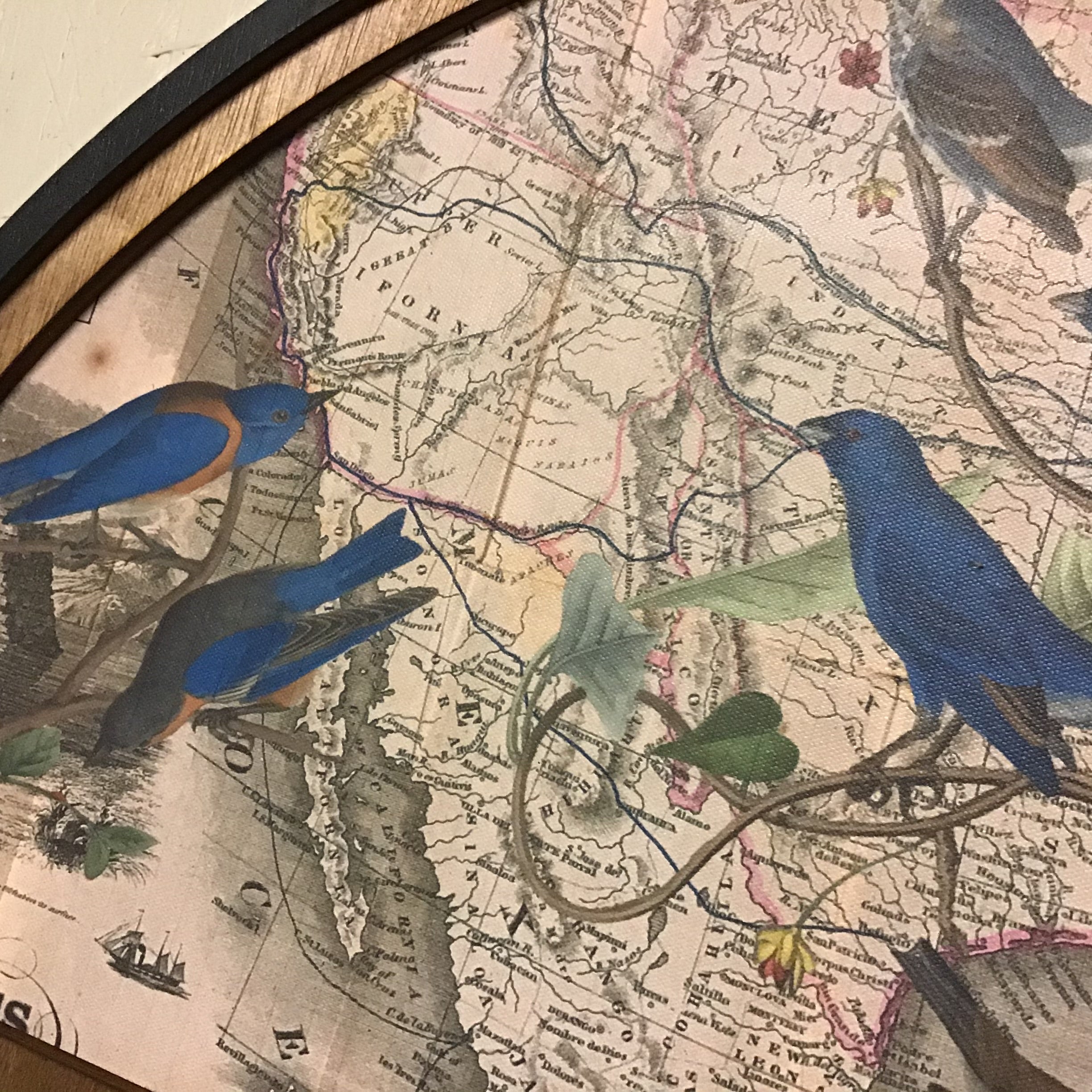 Blue Birds on Vintage Map in Half Moon Frame
