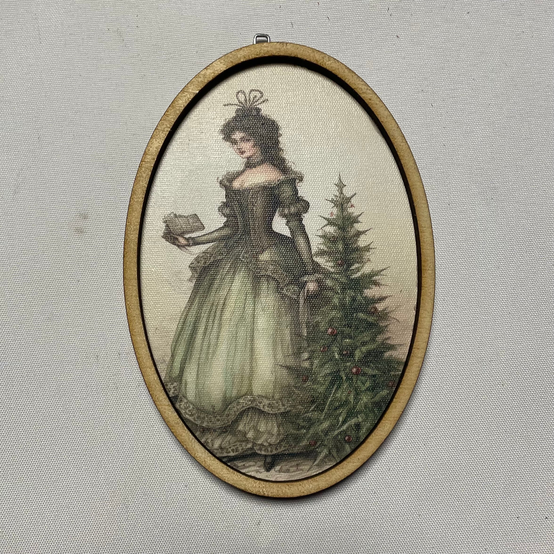 Victorian Girl in Green and Christmas Tree Oval Ornament