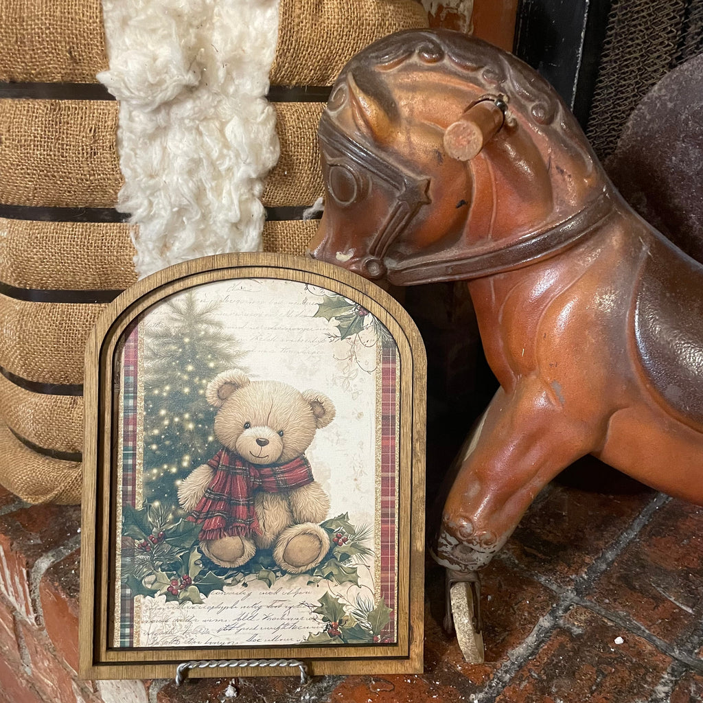 Teddy Bear and Christmas Tree Framed in Arch Frame