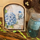 Blue Hydrangea and Blue Bird Canvas Print in Arched Frame