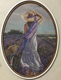 Large Oval Lady w/bicycle in Lavender framed
