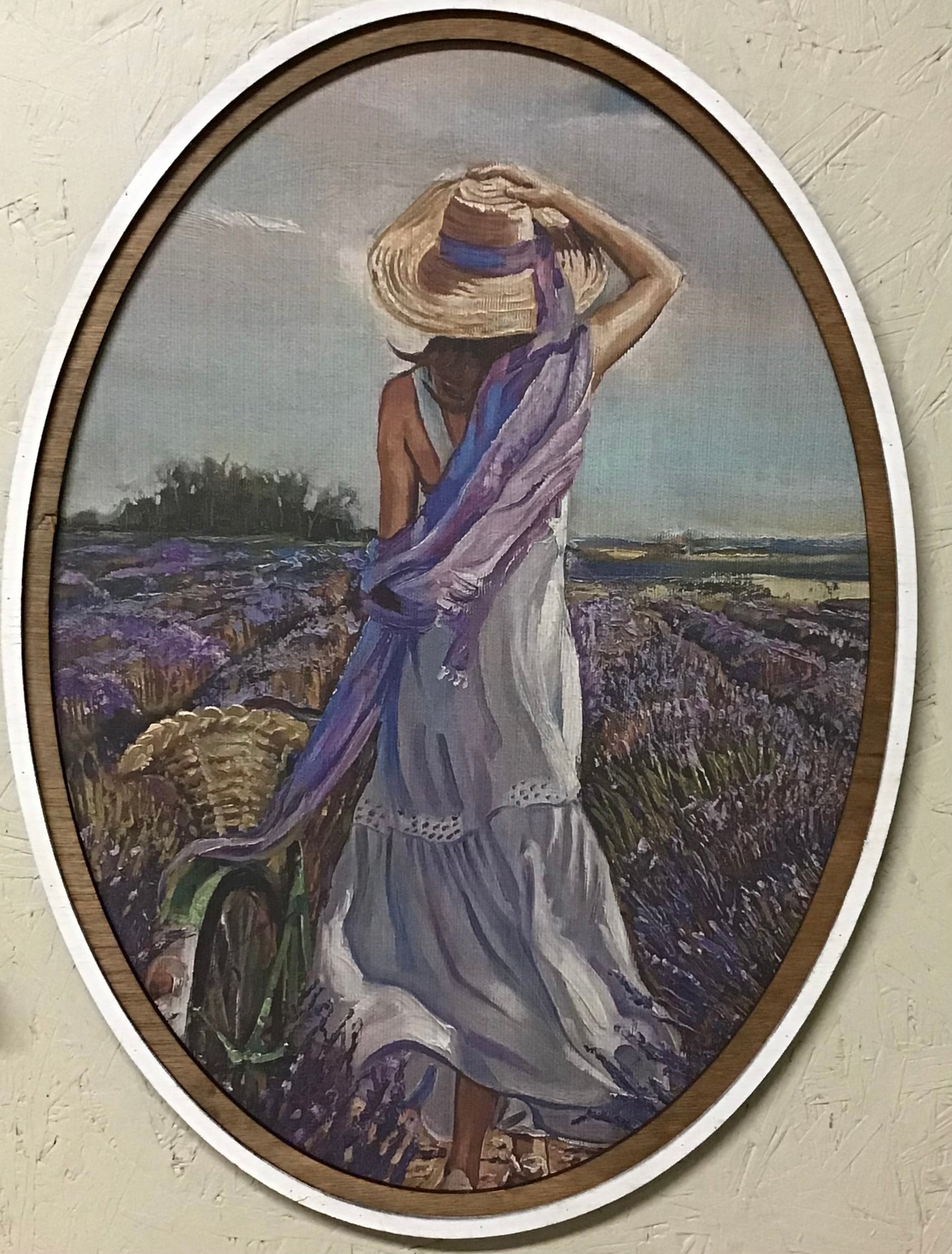 Large Oval Lady w/bicycle in Lavender framed