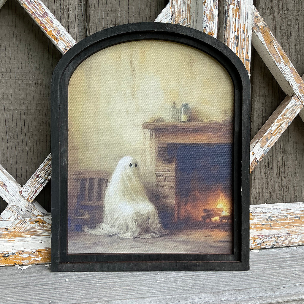 Ghost by the Fireplace Canvas Print in Small Arch Frame