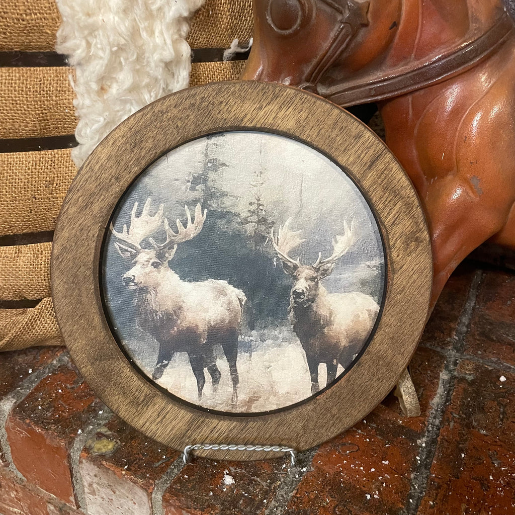 10" Deer in Snowy Forest in Round Frame