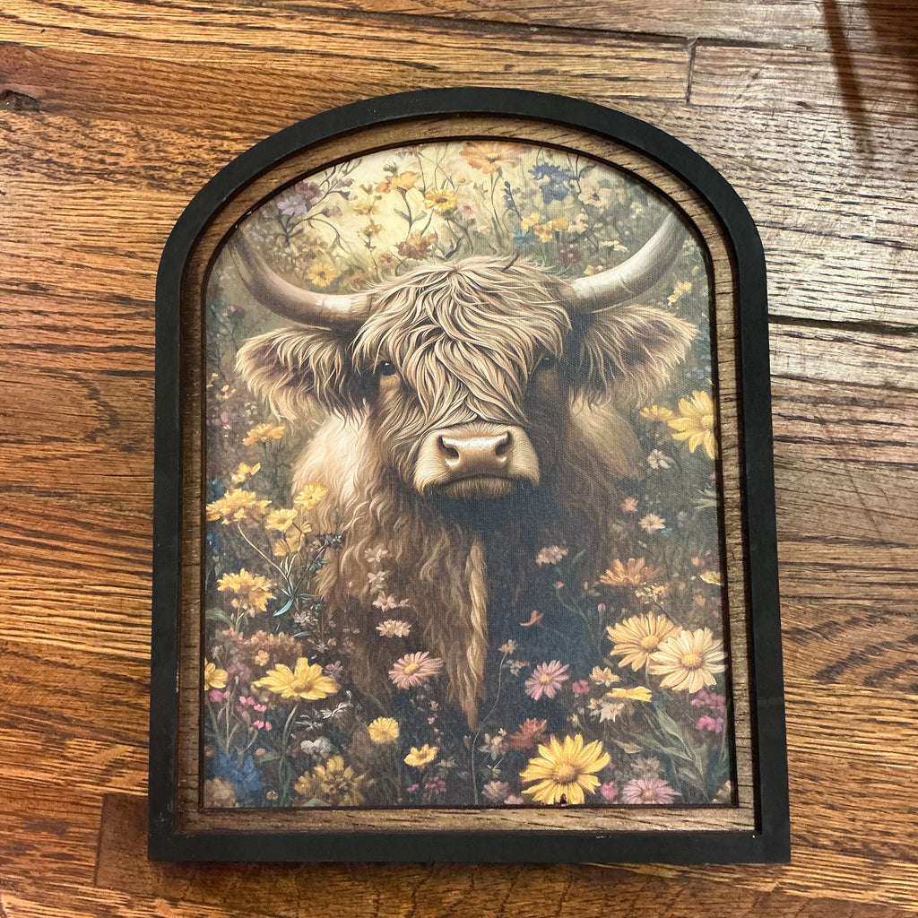 Highland Cow with flowers Canvas Print in Arched Frame