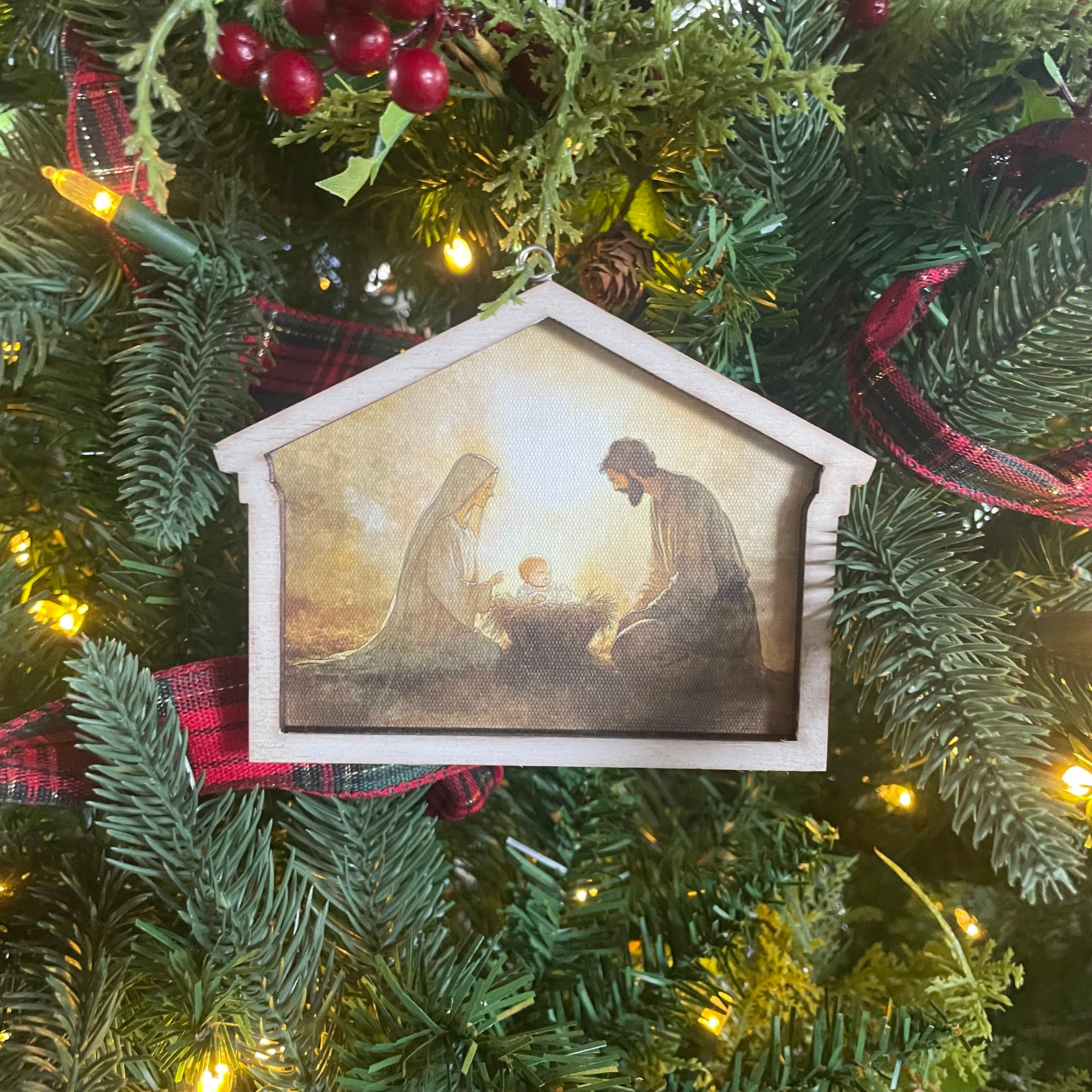 White and Gold Nativity stable ornament  