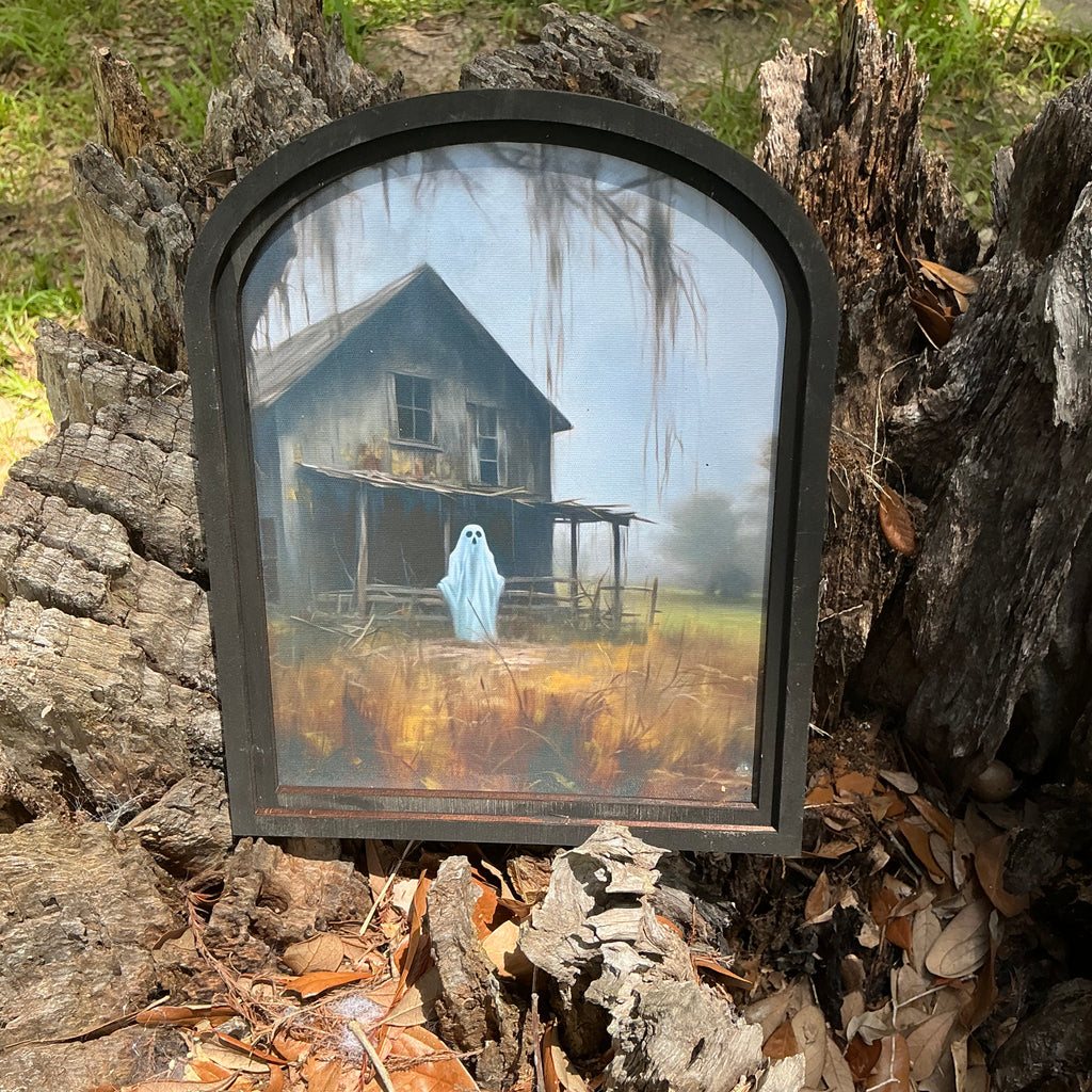 Ghost at the Barn Canvas Print in Small Arch Frame