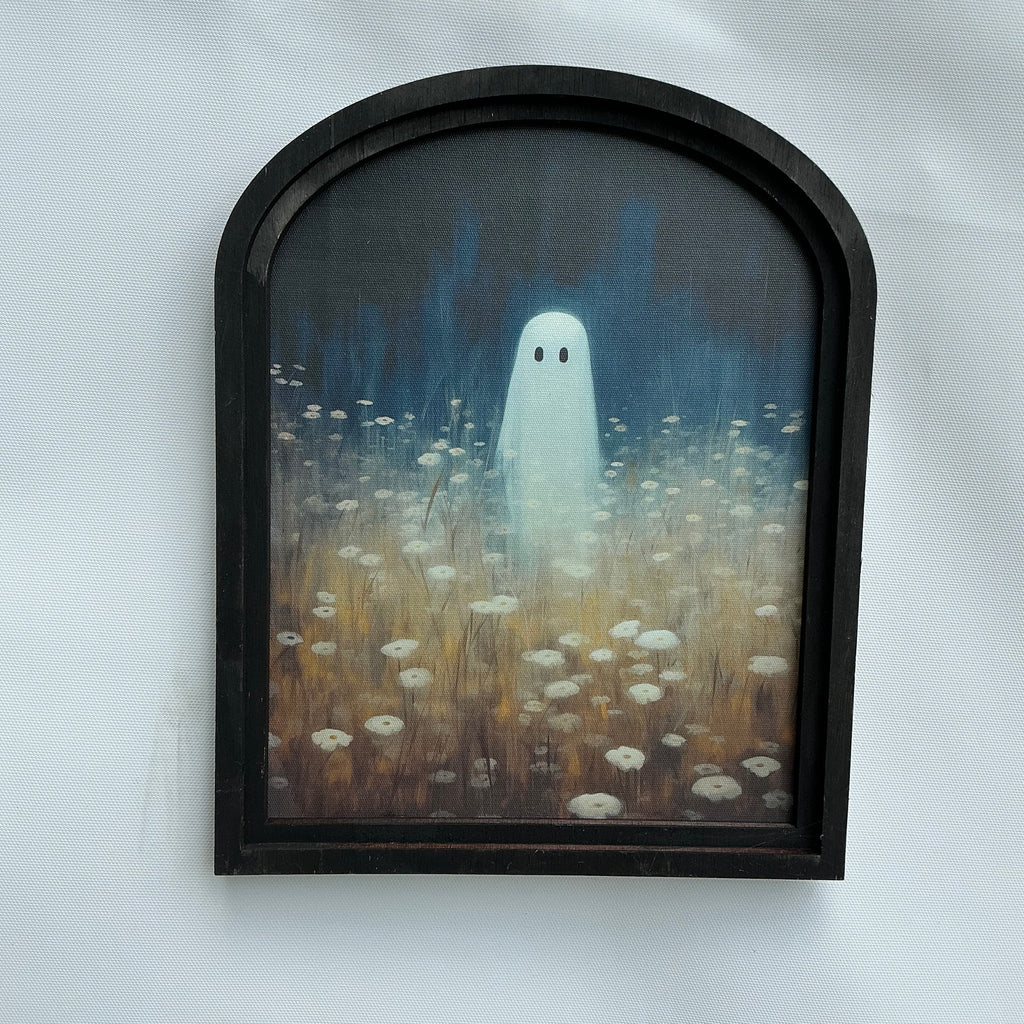 Ghost in field of daisies Canvas Print in Small Arch Frame