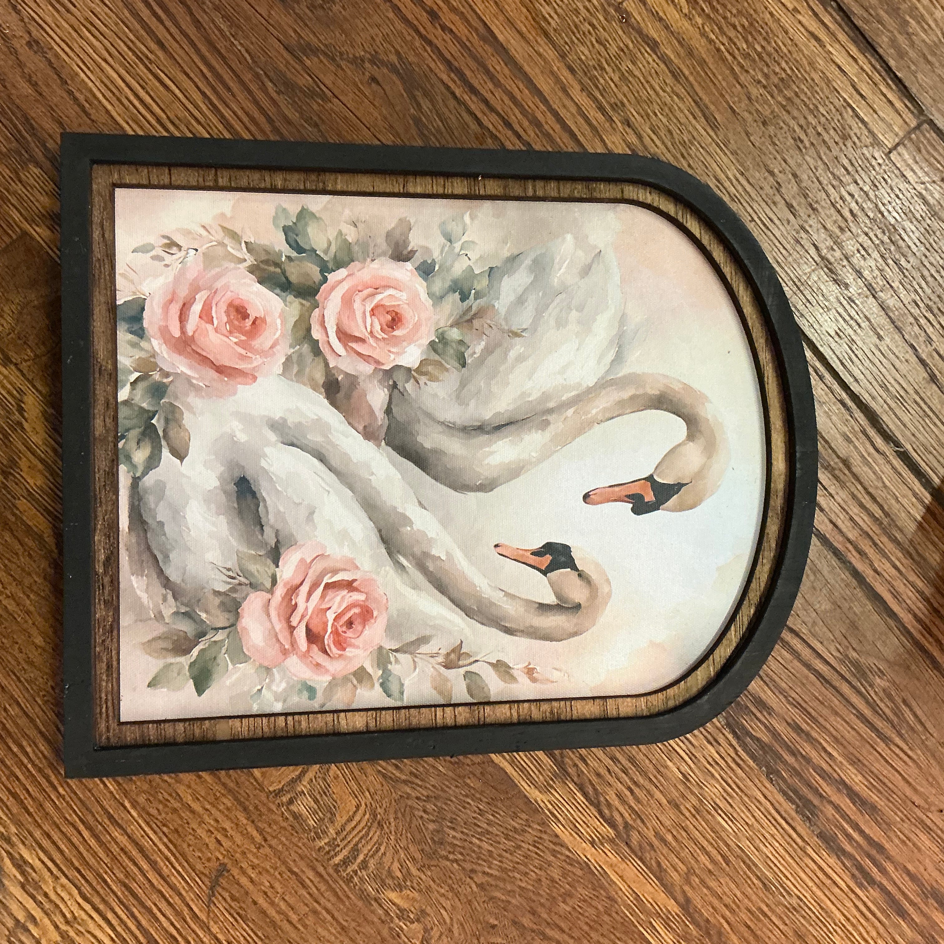Swans with Pink Roses Small Arch Frame