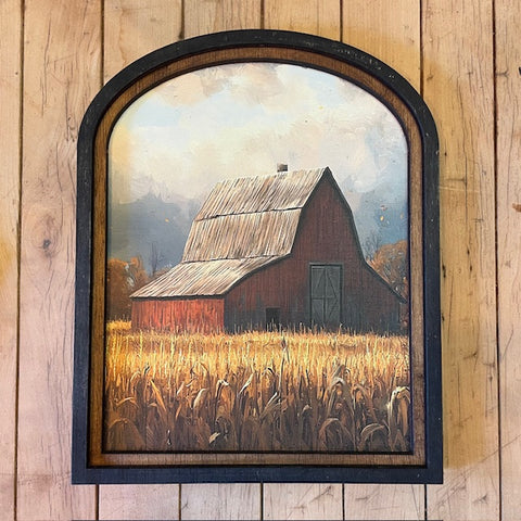 Amber Wheat with Red barn Canvas Print in Arched Frame