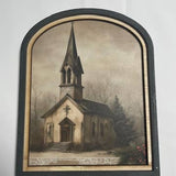 Country Church w/evergreens print framed in an arch