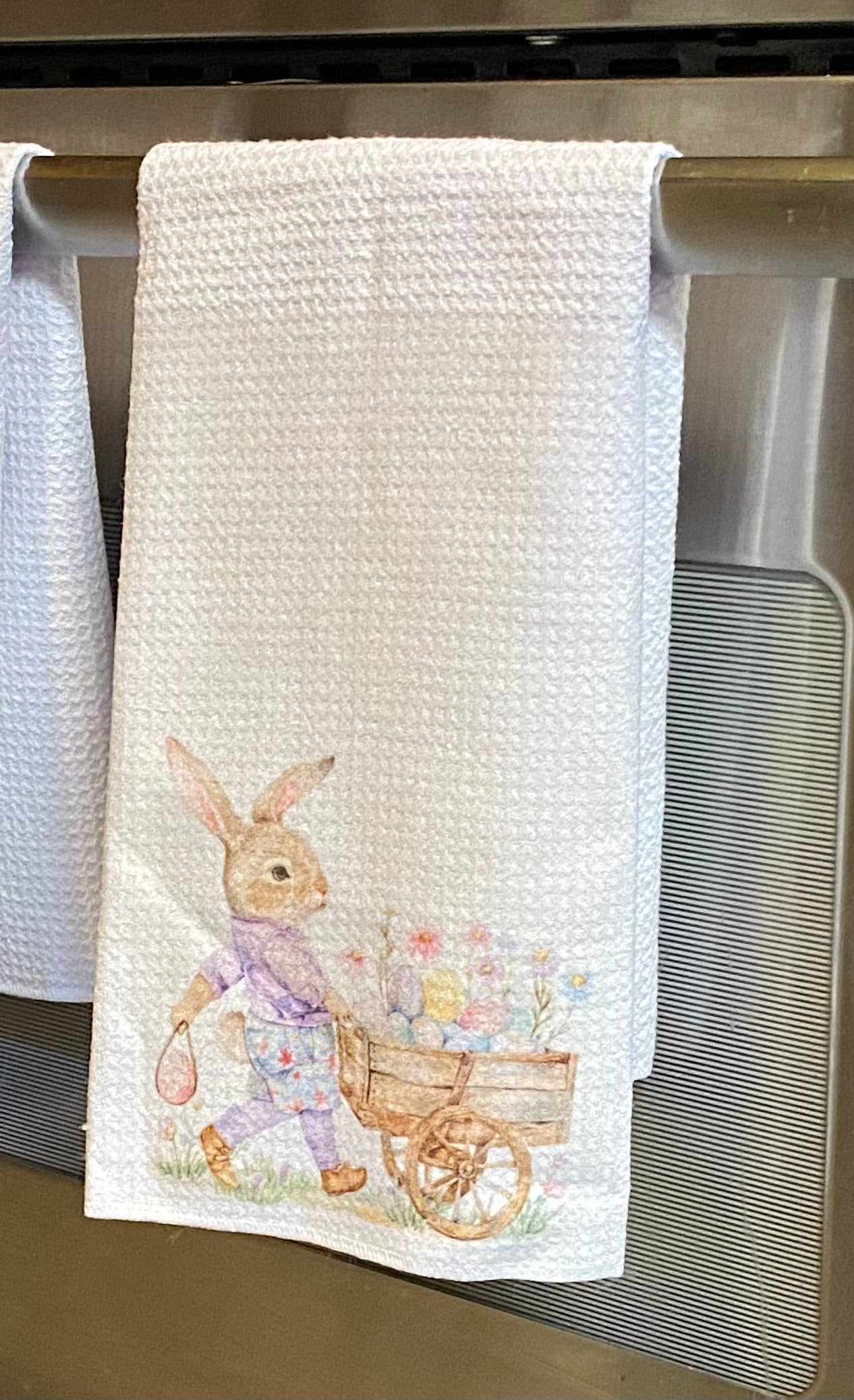Bunny Pushing Cart of Flowers Waffle Towel