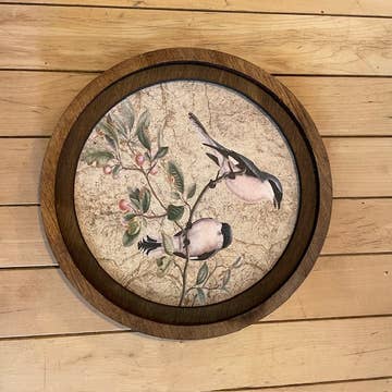 2 Birds on Branch print in round frame