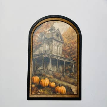 Fall Victorian Farmhouse with Pumpkins framed in Med Arch