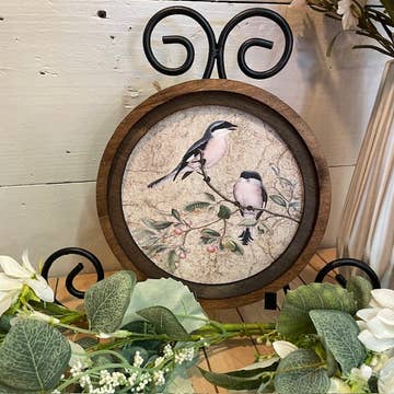 2 Birds on Branch print in round frame