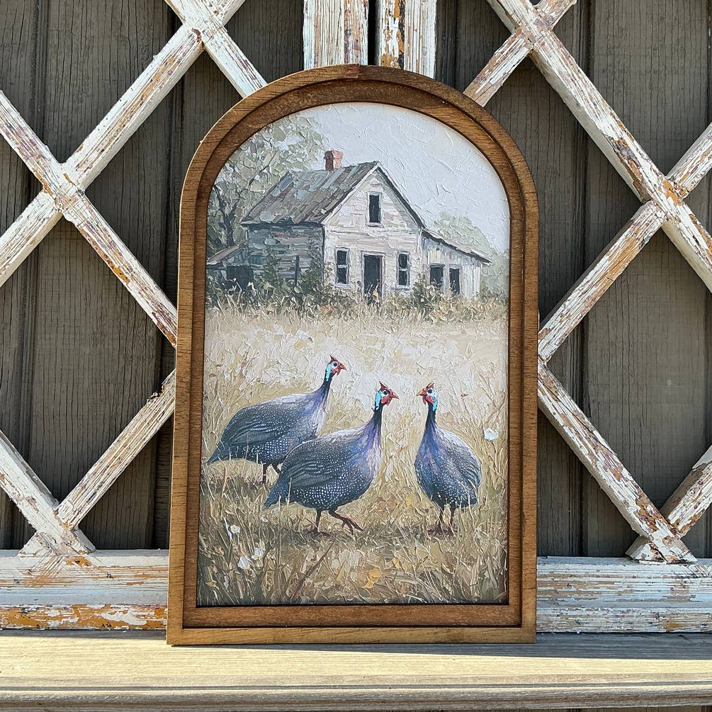 Guineas and Farmhouse framed in Med Arch
