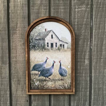 Guineas and Farmhouse framed in Med Arch