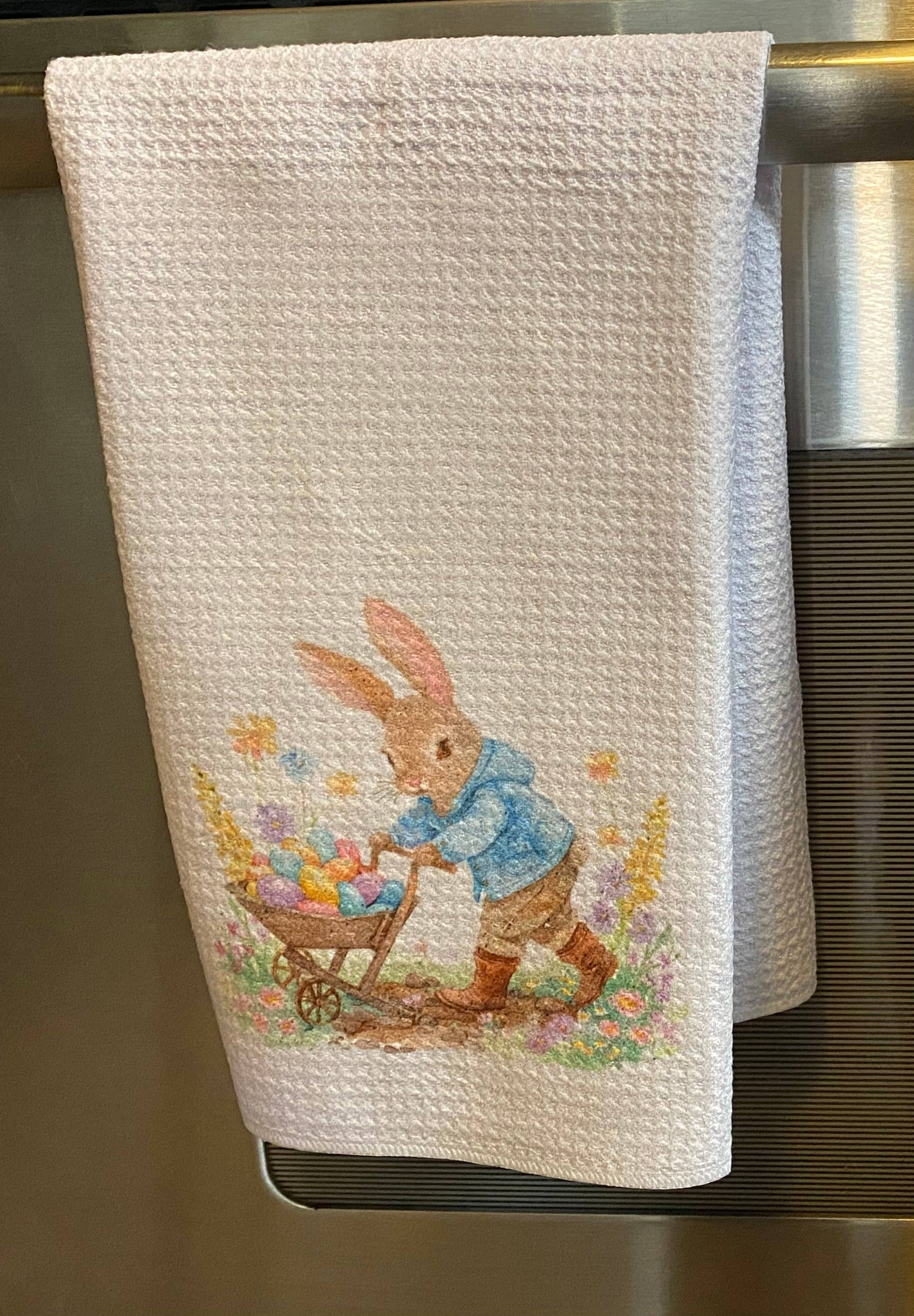 Bunny Pushing Cart of Eggs Waffle Towel