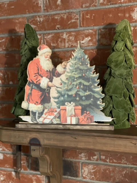 Vintage Red Santa Decorating Tree Shelf Sitter